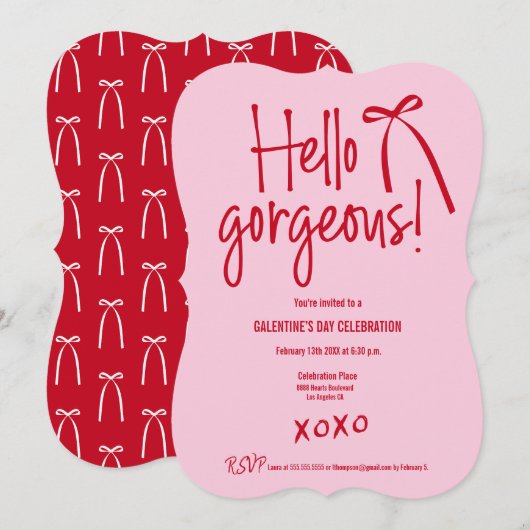 Red Pink Hello Gorgeous リボン ドゥードゥル Galentine's デー 招待状 (正面/裏面)