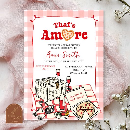 Red Pink Italian Picnic That's Amore Bridal Shower 招待状