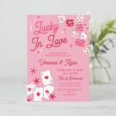 Red Pink Lucky In Love Dice Cards Engagement Party 招待状 (スタンド正面)