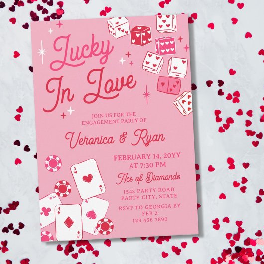Red Pink Lucky In Love Dice Cards Engagement Party 招待状