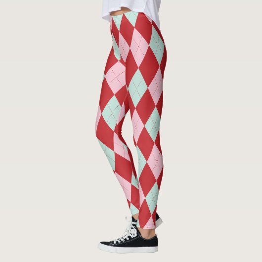 Red Pink & Mint Christmas Argyle Leggings レギンス (左)