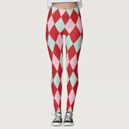 Red Pink & Mint Christmas Argyle Leggings レギンス