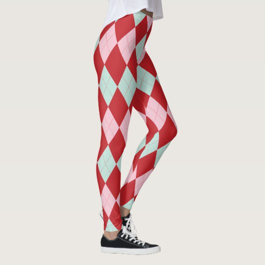 Red Pink & Mint Christmas Argyle Leggings レギンス (右)