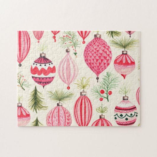 Red Pink Retro Ornaments Christmas ジグソーパズル (横)