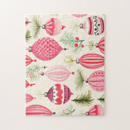 Red Pink Retro Ornaments Christmas ジグソーパズル