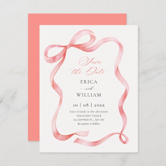 Red pink ribbon bow  セーブザデート (正面/裏面)