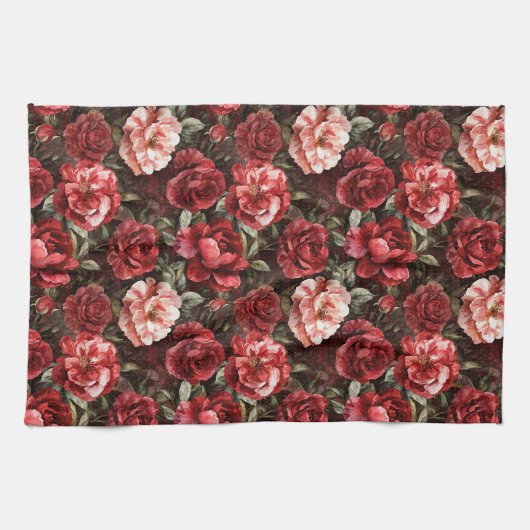 Red Pink Rose Flowers キッチンタオル (横)