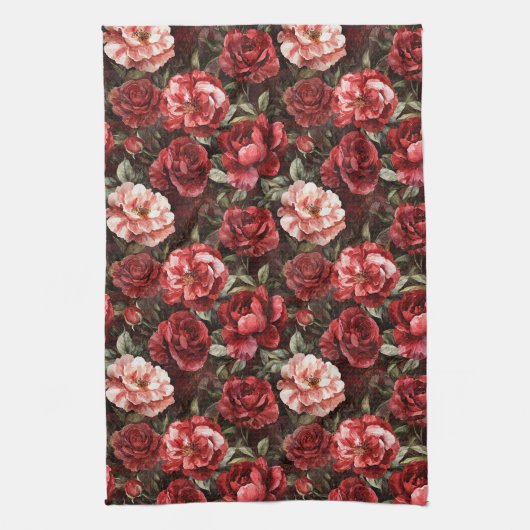 Red Pink Rose Flowers キッチンタオル (縦)