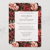 Red Pink Rose Flowers Wedding 招待状 (正面/裏面)