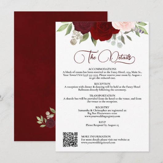 Red & Pink Roses Downloadable QR Wedding Details 招待状 (正面/裏面)