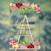 Red Pink Roses Floral Muslim Wedding Welcome アクリルサイン (ニュートラル)