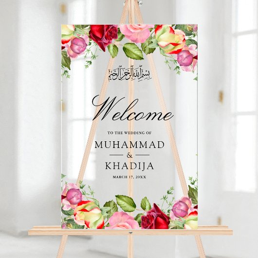 Red Pink Roses Floral Muslim Wedding Welcome アクリルサイン