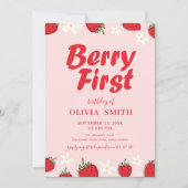 Red Pink Strawberry Berry First Birthday 招待状 (正面)