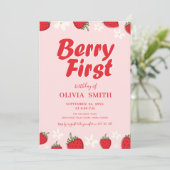 Red Pink Strawberry Berry First Birthday 招待状 (スタンド正面)
