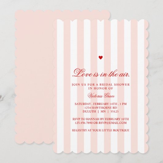 Red & Pink Stripe Love is in the Air Bridal Shower 招待状 (正面/裏面)