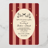 Red Pink Striped Gold Star Wedding  箔招待状 (正面)