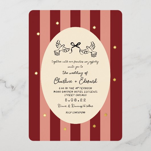 Red Pink Striped Gold Star Wedding 箔招待状 (正面)