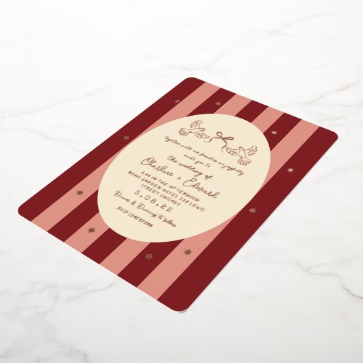 Red Pink Striped Gold Star Wedding 箔招待状 (回転した状態)