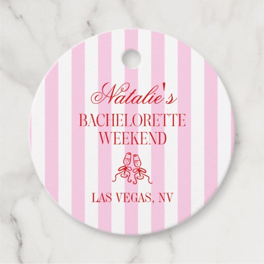 Red Pink Stripes Bachelorette Weekend Party フェイバータグ (正面)