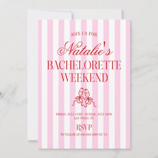 Red Pink Stripes Bachelorette Weekend Party 招待状 (正面)