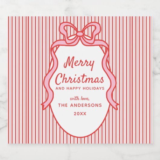 Red Pink Stripes & Bow Frame Christmas  ビールラベル (シングルラベル)