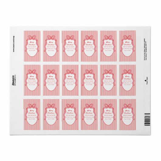 Red Pink Stripes & Bow Frame Christmas  ラベル (フルシート)
