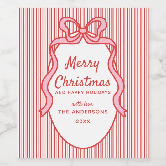 Red Pink Stripes & Bow Frame Christmas  ワインラベル (シングルラベル)