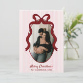Red Pink Stripes & Bow Frame Christmas Photo シーズンカード (スタンド正面)