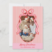 Red Pink Stripes & Bow Frame Christmas Photo シーズンカード (正面)