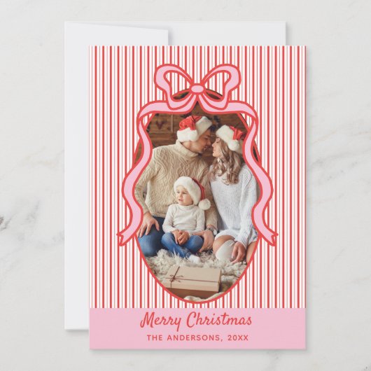 Red Pink Stripes & Bow Frame Christmas Photo シーズンカード (正面)