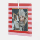 Red Pink Stripes Christmas Photo ガラスオーナメント (正面左)