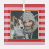 Red Pink Stripes Christmas Photo ガラスオーナメント (正面)