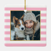 Red Pink Stripes Christmas Photo セラミックオーナメント (裏面)