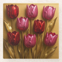 Red Pink Tulips Gold Glass Coaster