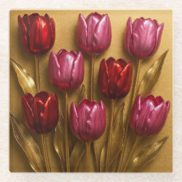 Red Pink Tulips Gold Glass Coaster ガラスコースター
