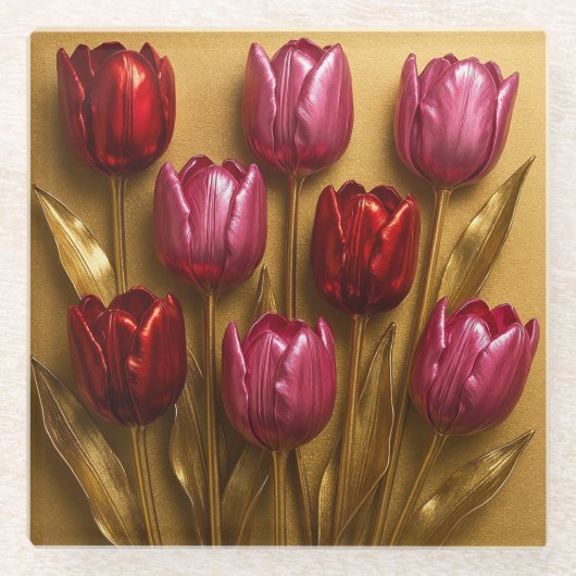 Red Pink Tulips Gold Glass Coaster ガラスコースター (正面)
