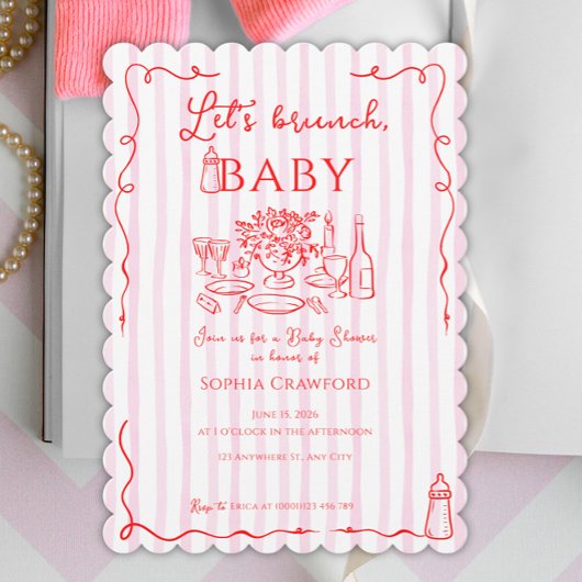 Red Pink Whimsical Doodle Let's Brunch Baby Shower 招待状
