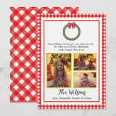 Red PlaidリースとBow Photo Christmas Card 案内状 (正面/裏面)