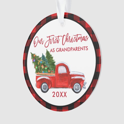 Red Plaid初めてのクリスマスを祖父母トラックとして オーナメント (正面)