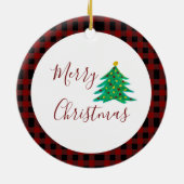 Red Plaid自分の写真を追加するクリスマス セラミックオーナメント (裏面)