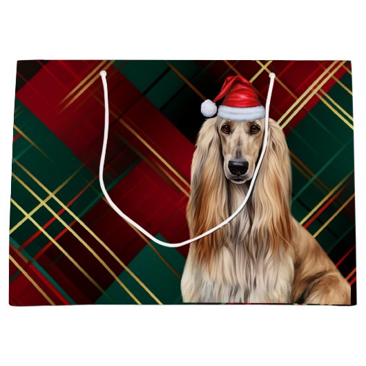 Red Plaid Afghan Hound Dog Lover Holiday ラージペーパーバッグ (正面)