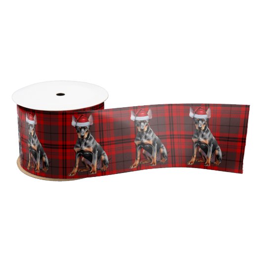 Red Plaid and Doberman Pinscher Dog Christmas サテンリボン (リール)