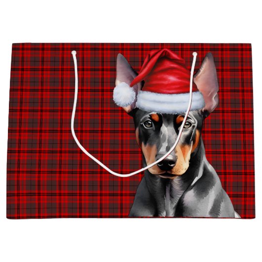 Red Plaid and Doberman Pinscher Dog Lover Holiday ラージペーパーバッグ (正面)