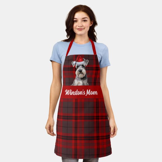 Red Plaid and Schnauzer Dog Christmas エプロン (着用した状態)