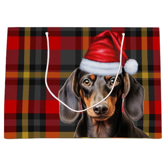 Red Plaid and Smooth Dachshund Dog Lover Holiday ラージペーパーバッグ (正面)