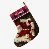 Red Plaid Baby's First Christmas 1 Photo  ラージクリスマスストッキング (裏面 (吊り時))