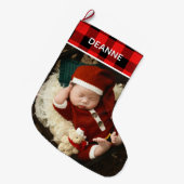 Red Plaid Baby's First Christmas 1 Photo  ラージクリスマスストッキング (正面 (吊り時))