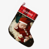 Red Plaid Baby's First Christmas 1 Photo  ラージクリスマスストッキング (正面 (吊り時))