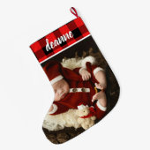 Red Plaid Baby's First Christmas 1 Photo  ラージクリスマスストッキング (裏面 (吊り時))