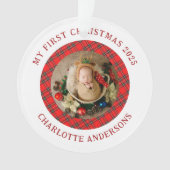 Red Plaid Baby's First Christmas Custom Name オーナメント (正面)